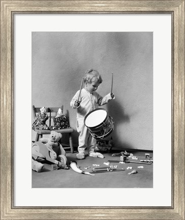Framed 1930s Boy Beating On Toy Drum Print