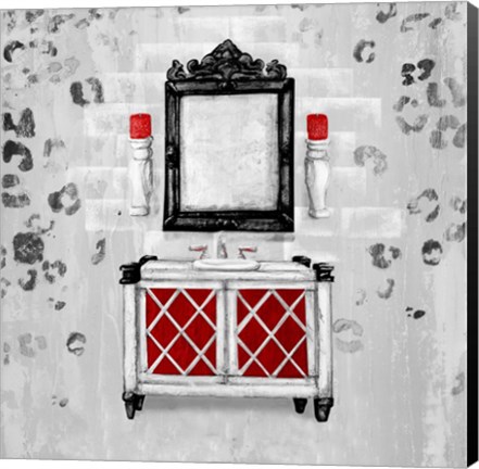 Framed Red Antique Mirrored Bath Square I Print