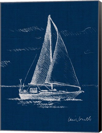 Framed Sailboat on Blue Burlap I Print