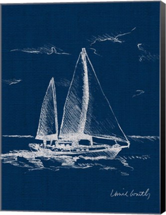 Framed Sailboat on Blue Burlap II Print