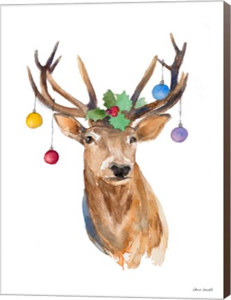 Framed Deer with Holly and Ornaments Print