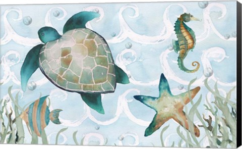 Framed Watercolor Sea Creatures Panel (blue) Print