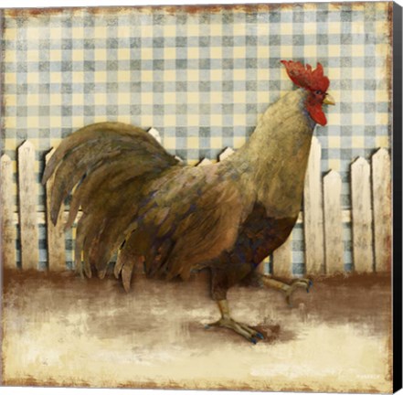 Framed Rooster on Damask I Print