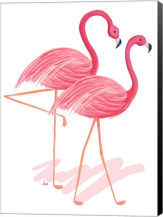 Framed Flamingo Walk Watercolor I Print