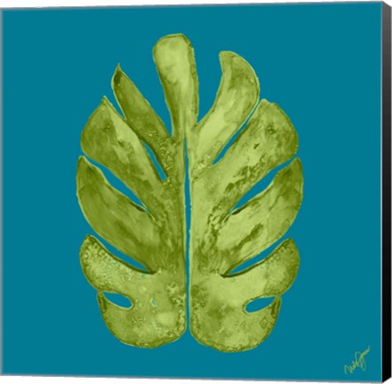 Framed Leaf On Teal I Print