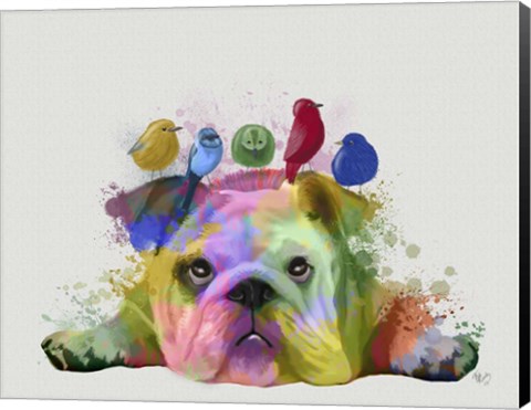 Framed English Bulldog and Birds, Rainbow Splash Print