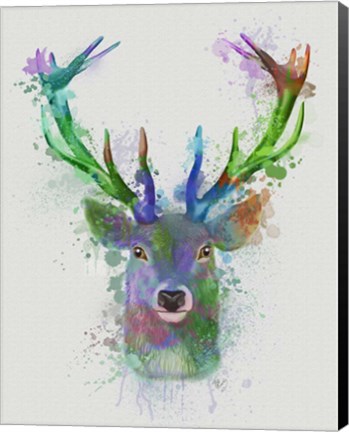 Framed Deer Head 1 Rainbow Splash Blue and Green Print