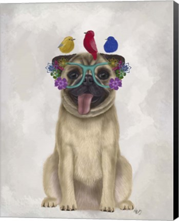 Framed Pug and Flower Glasses Print