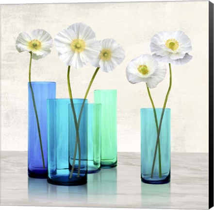 Framed Poppies in crystal vases (Aqua I) Print