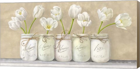 Framed White Tulips in Mason Jars Print