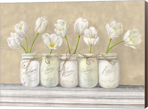 Framed White Tulips in Mason Jars Print