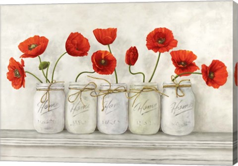 Framed Red Poppies in Mason Jars Print