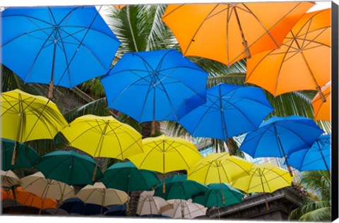 Framed Mauritius, Port Louis, Caudan Waterfront Area With Colorful Umbrella Covering Print