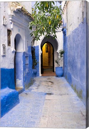 Framed Morocco, Chaouen Narrow Street Lined With Blue Buildings Print