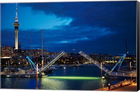 Framed Wynyard Crossing Bridge, And Skytower, Auckland Waterfront, New Zealand Print