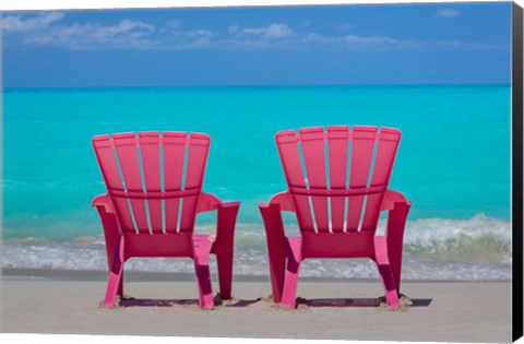 Framed Bahamas, Little Exuma Island Pink Chairs On Beach Print