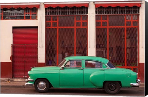 Framed Cuba, Havana Green Car, Red Building On The Streets Print