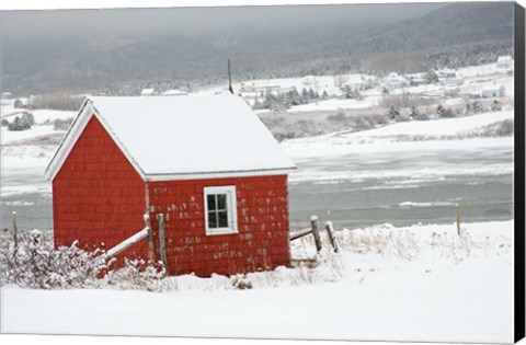 Framed North America, Canada, Nova Scotia, Cape Breton, Cabot Trail, Red Shed In Winter Print