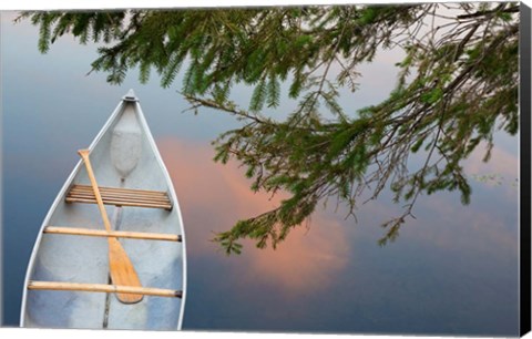 Framed Canada, Quebec, Eastman Canoe On Lake At Sunset Print