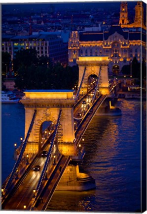 Framed Hungary, Budapest Chain Bridge Lit At Night Print