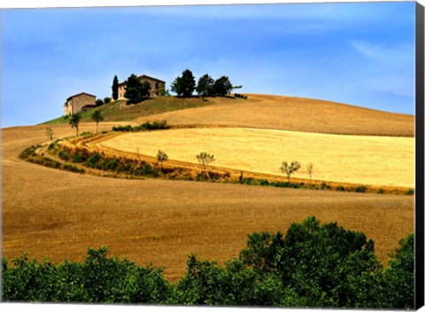 Framed Italy, Tuscany, Farmhouse And Fields Print