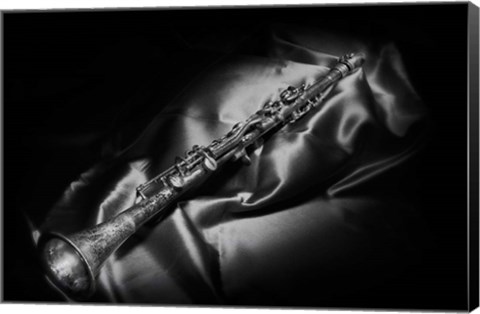 Framed Black And White Still-Life Image Of A Brass Clarinet Print