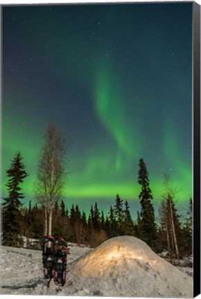 Framed Alaska, Fairbanks A Quinzee Snow Shelter And Aurora Borealis Print