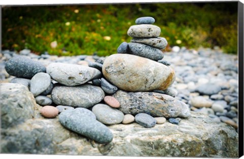 Framed Stacked Rocks On Sand Dollar Beach Print