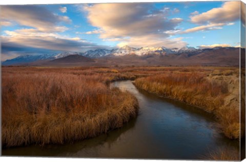 Framed Panoramic View Of A River And The Sierra Nevada Mountains Print