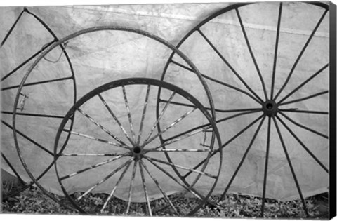 Framed Old Metal Wagon Wheels (BW) Print