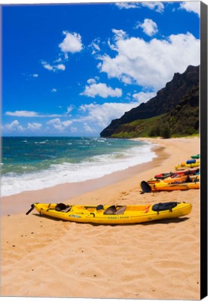 Framed Sea Kayaks On Milolii Beach, Island Of Kauai, Hawaii Print