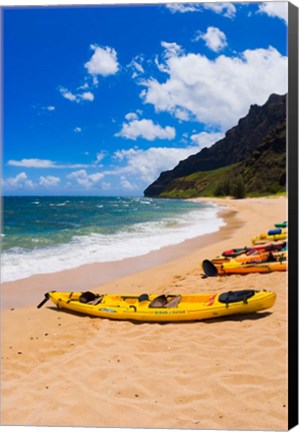 Framed Sea Kayaks On Milolii Beach, Island Of Kauai, Hawaii Print