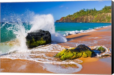 Framed Surf Crashing On Rocks At Secret Beach, Kauai, Hawaii Print