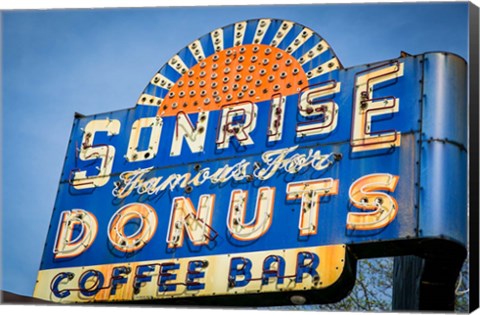 Framed Vintage Neon Sign For Sunrise Donuts Print