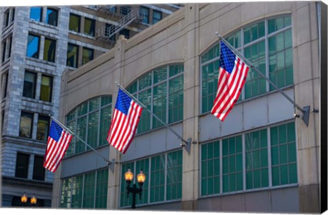 Framed Flags Hanging Outside An Office Building, Chicago, Illinois Print