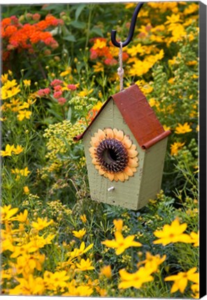 Framed Sunflower Birdhouse In Garden Print