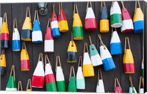 Framed Colorful Buoys Hanging On Wall, Bar Harbor, Maine Print