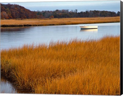 Framed Boat Anchored In Mousam River, Maine Print