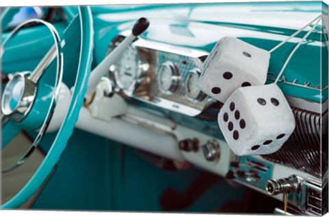 Framed 1950&#39;s Fuzzy Dice In A Teal Car Print