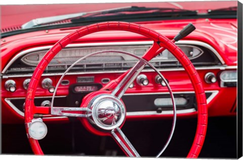 Framed Classic Red Steering Whell At An Antique Car Show Print