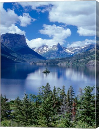 Framed Cumulus Clouds Drift Over Saint Mary Lake And Wild Goose Island Print