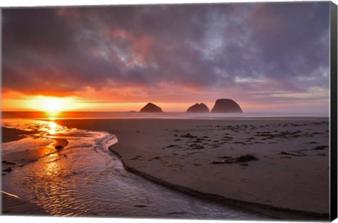 Framed Sunset On Three Arch Rocks, Oregon Print