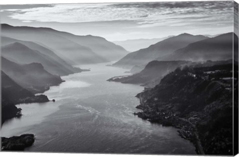 Framed Aerial Landscape Of The Columbia Gorge, Oregon (BW) Print