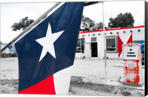 Framed Flag At An Antique Gas Station, Texas Print