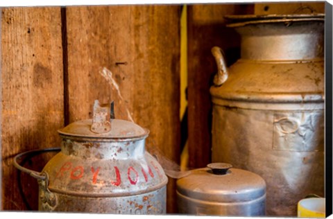 Framed Old Milk Containers From A Dairy Farm Print