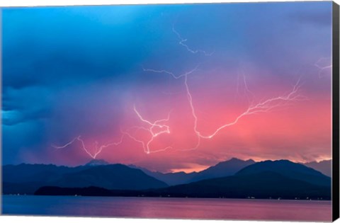 Framed Lightning Over Hood Canal And The Olympic Mountains Print