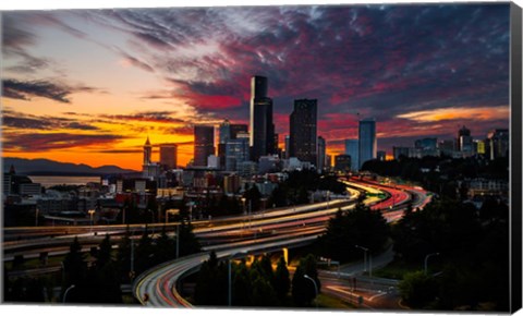 Framed Sunset View Of Downtown Seattle Print