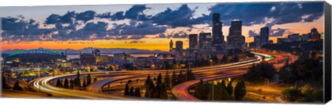 Framed Sunset Panorama Of Downtown Seattle Print