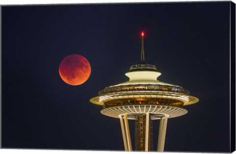 Framed Blood Moon Rises Over The Seattle Space Needle Print