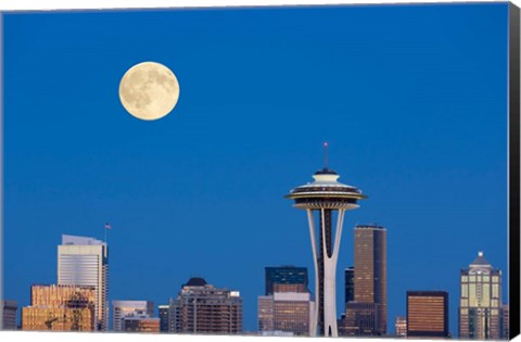 Framed Seattle Skyline View With Full Moon Print